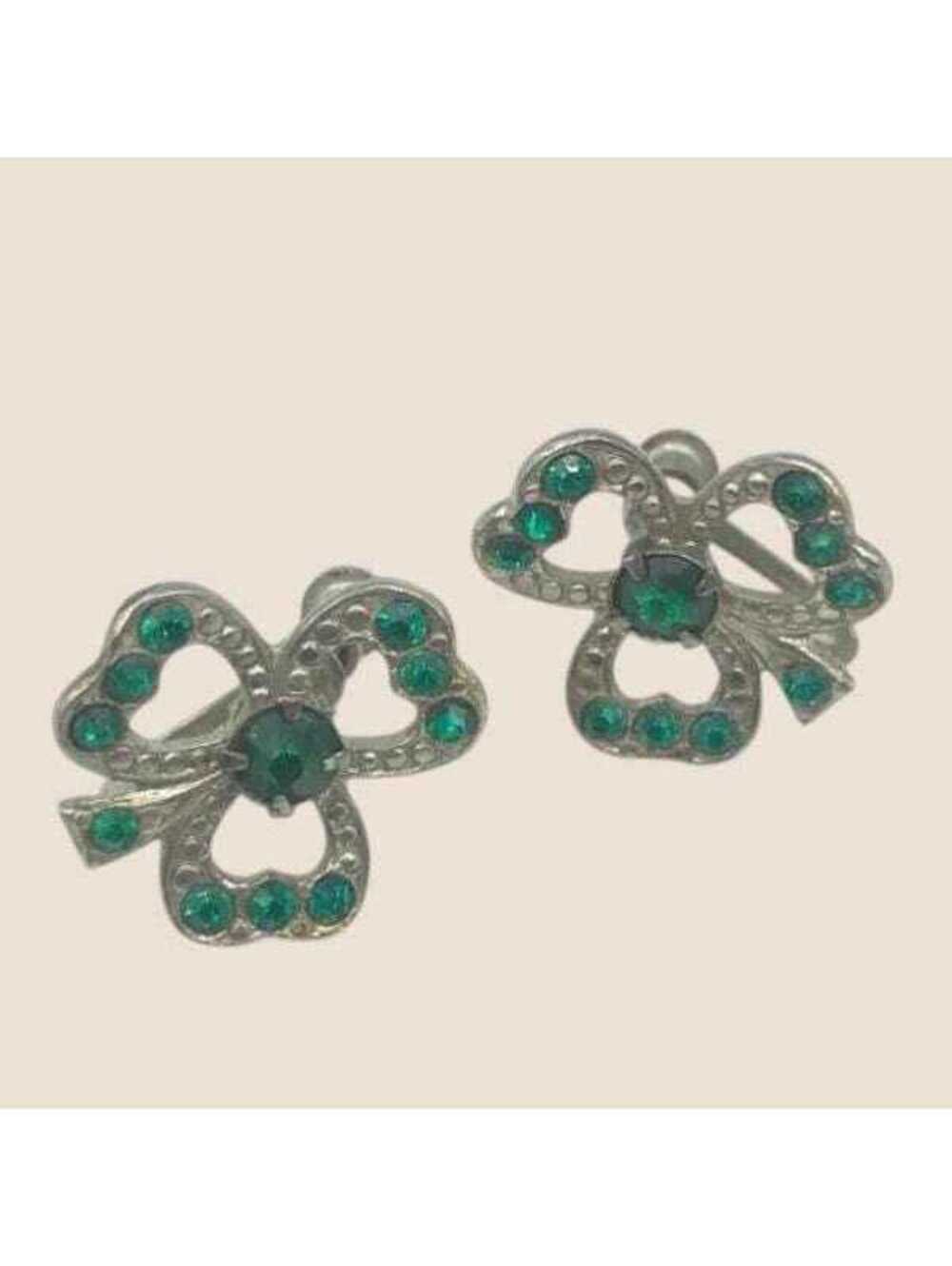 Vintage Shamrock Earrings: Green Rhinestone Silver Tone Costume Jewelry